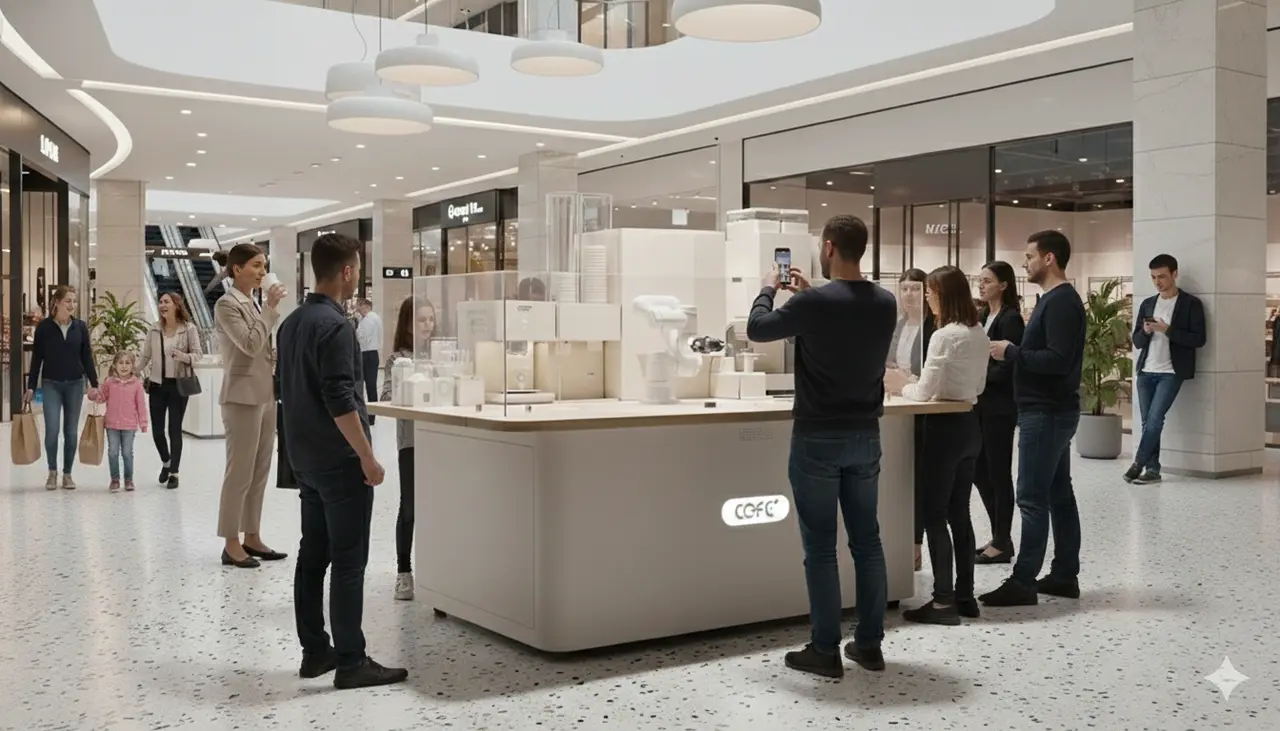 Shopping mall coffee kiosk with prominent storefront visibility