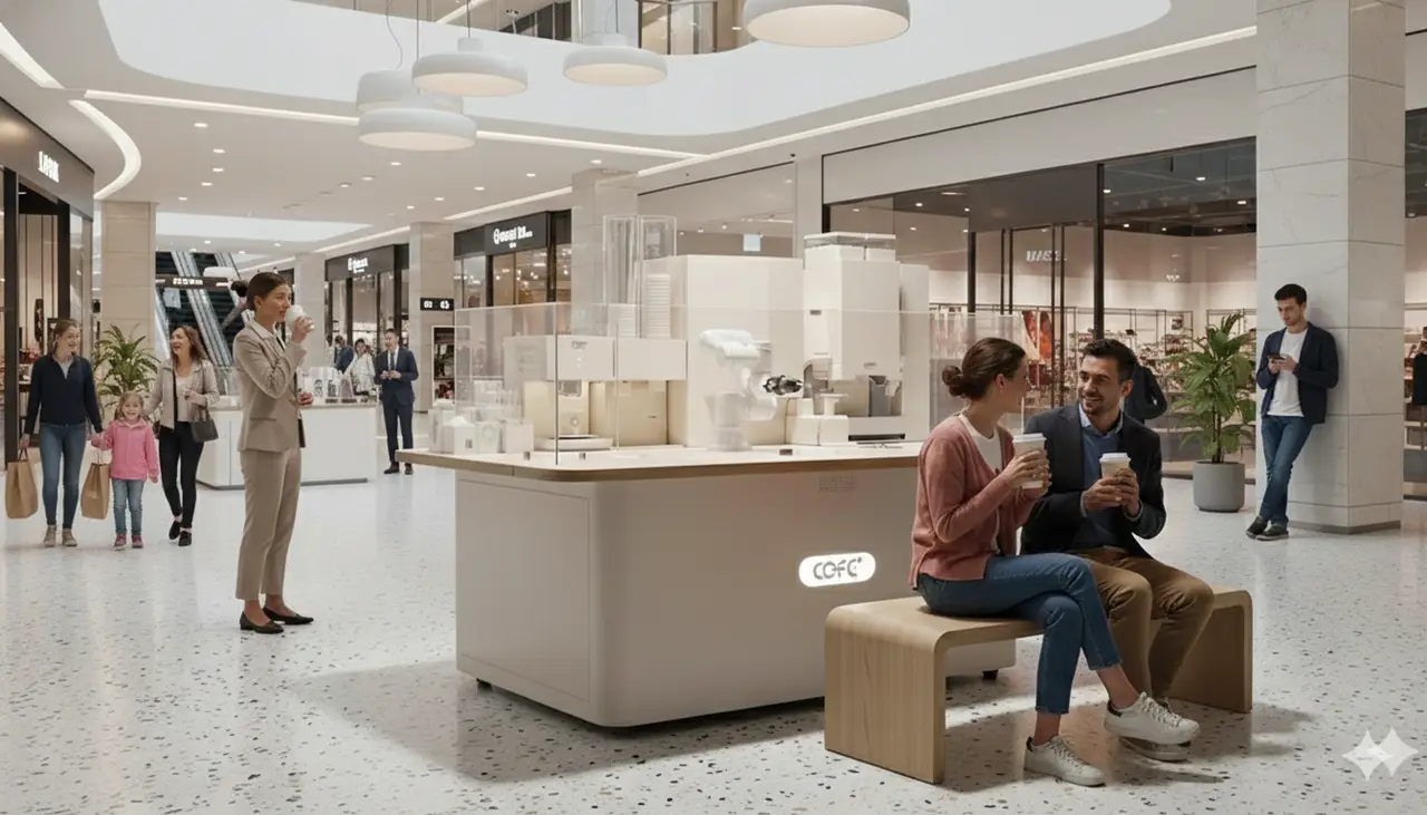 Coffee kiosk positioned in shopping mall traffic zone